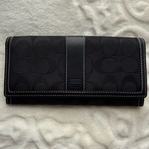 Coach Black Signature Jacquard Long Wallet W Black Leather Trim